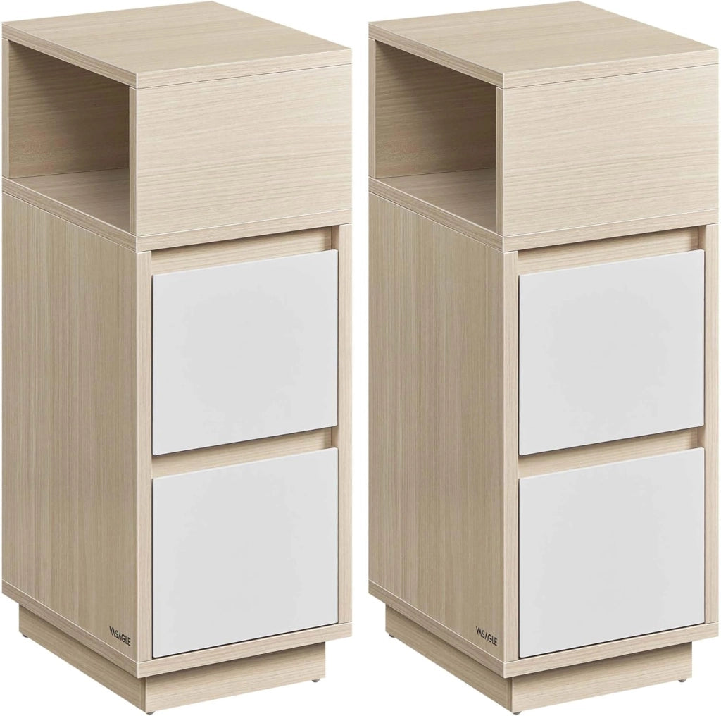 VASAGLE Kailyn Collection - Comodino stretto, set di 2, tavolino, 2 cassetti e vano aperto, montaggio a sinistra o a destra, camera da letto, soggiorno, beige naturale e bianco nuvola LET856N01