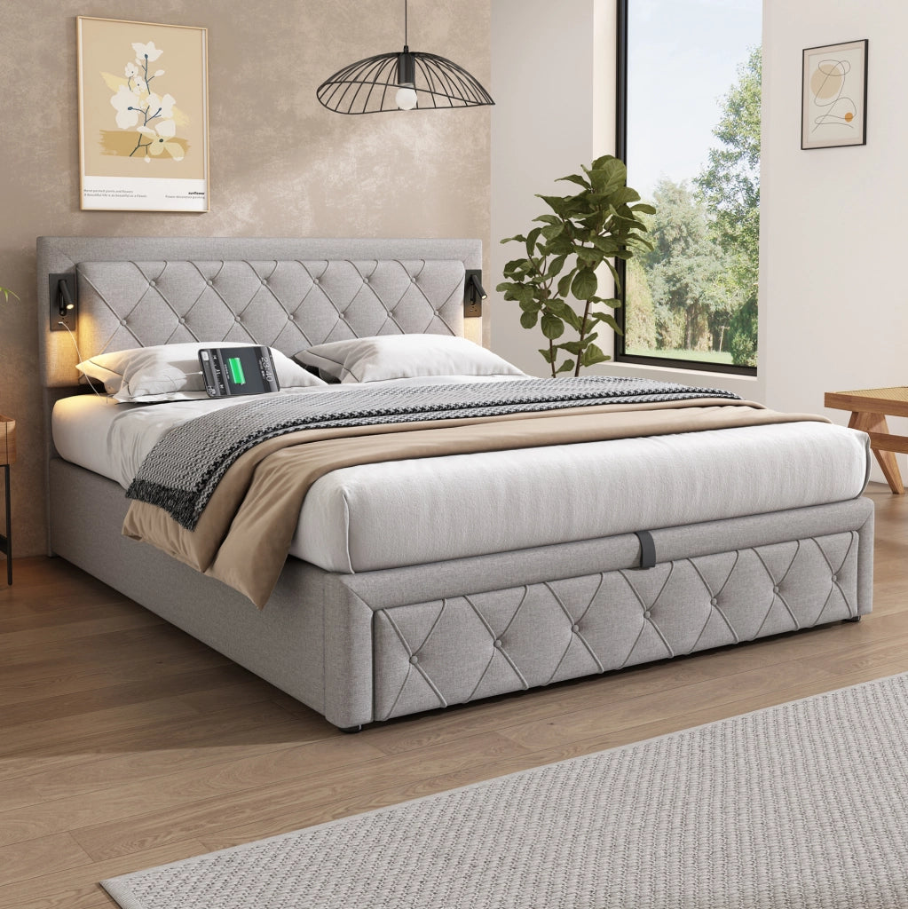 Letto matrimoniale imbottito con contenitore; luce integrata e porte USB; in lino grigio
