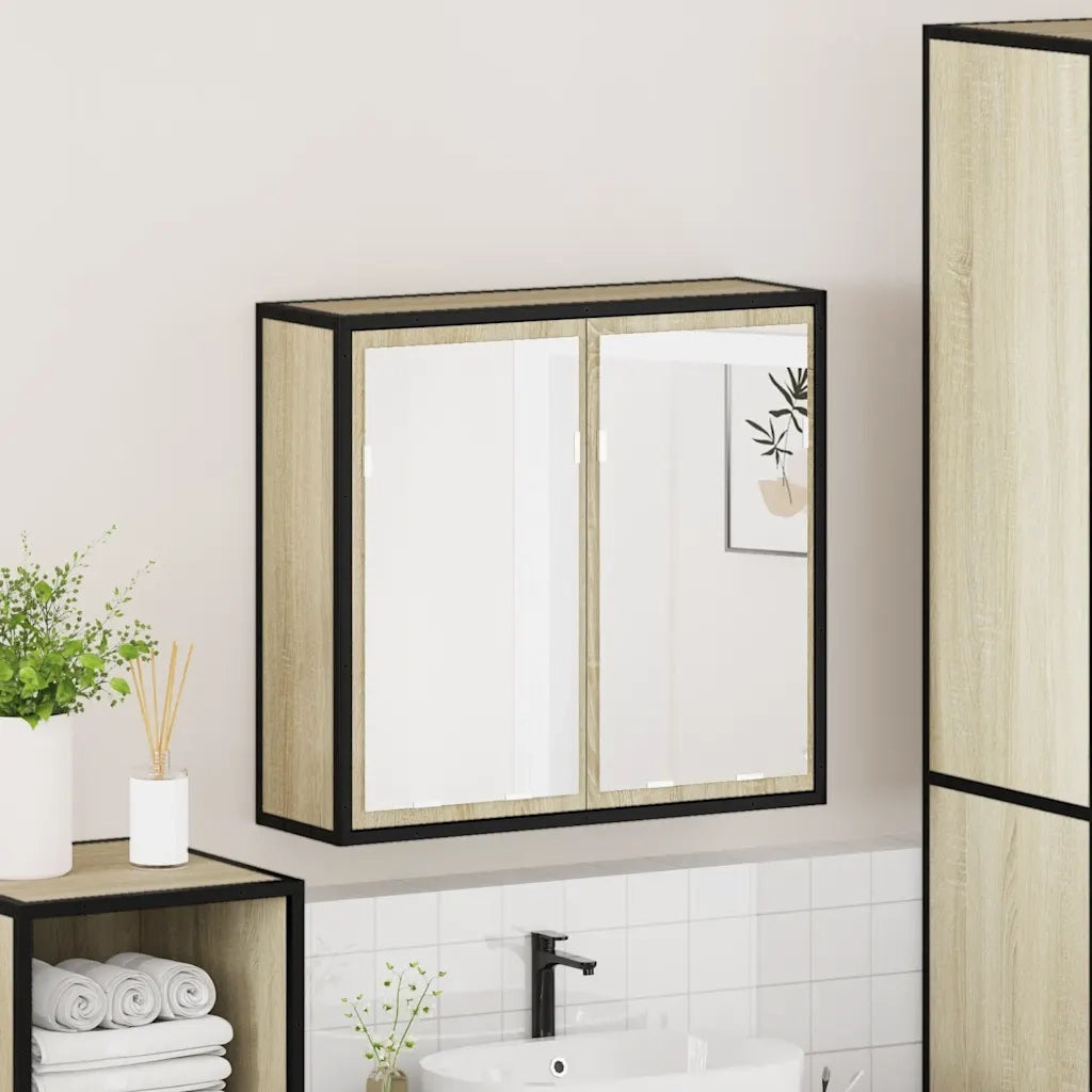 Mobiletto con specchio per bagno in rovere Sonoma 65x20x60 cm in legno ingegnerizzato 849255