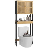 Mobile Sopra WC con Armadietto 2 Ante a Doghe e Ripiano Aperto, 60x21.5x172cm, Colore Legno