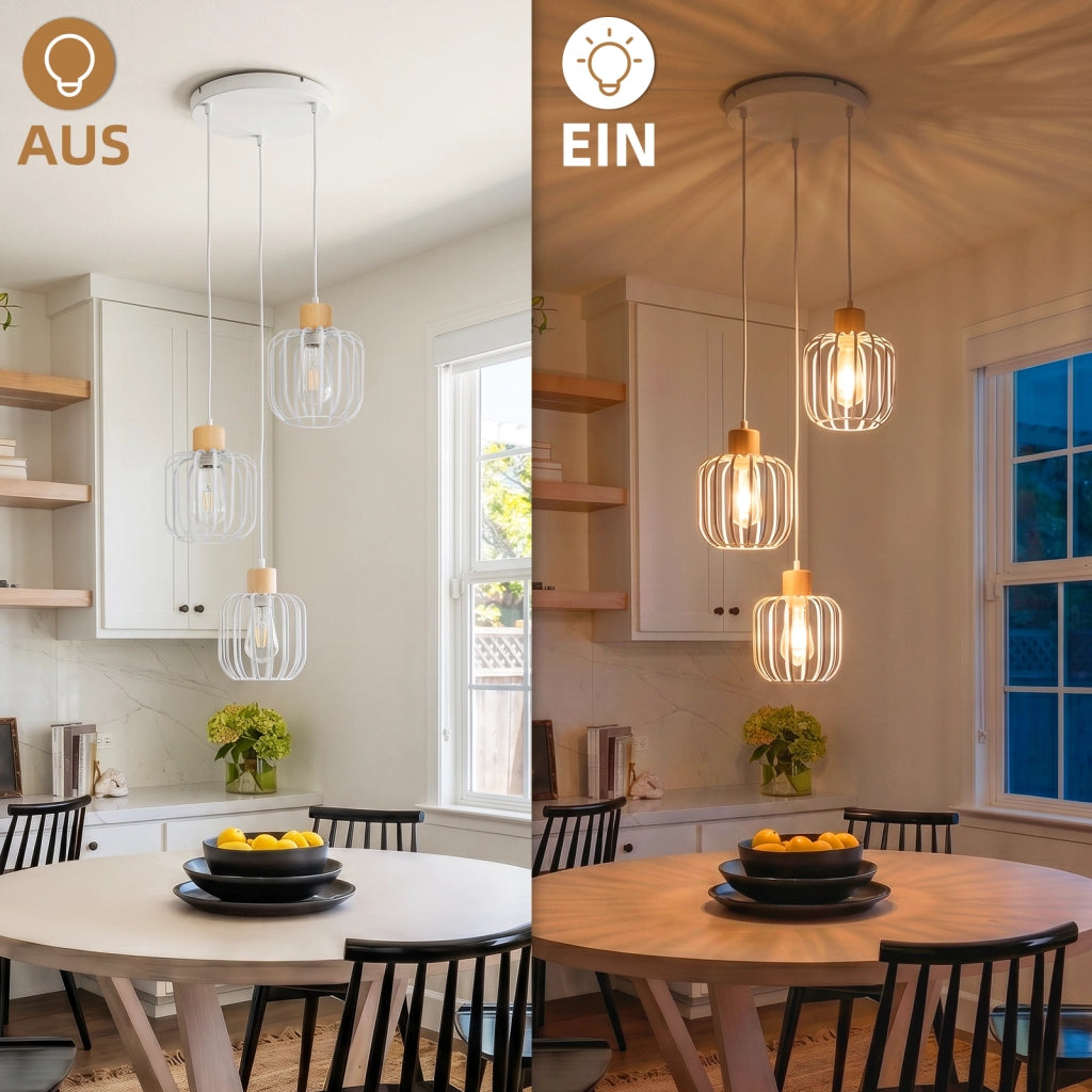 ZMH Lampada a Sospensione 3 Luci Bianco Legno Rotonda E27 Moderna per Soggiorno Cucina Camera Corridoio Senza Lampadina