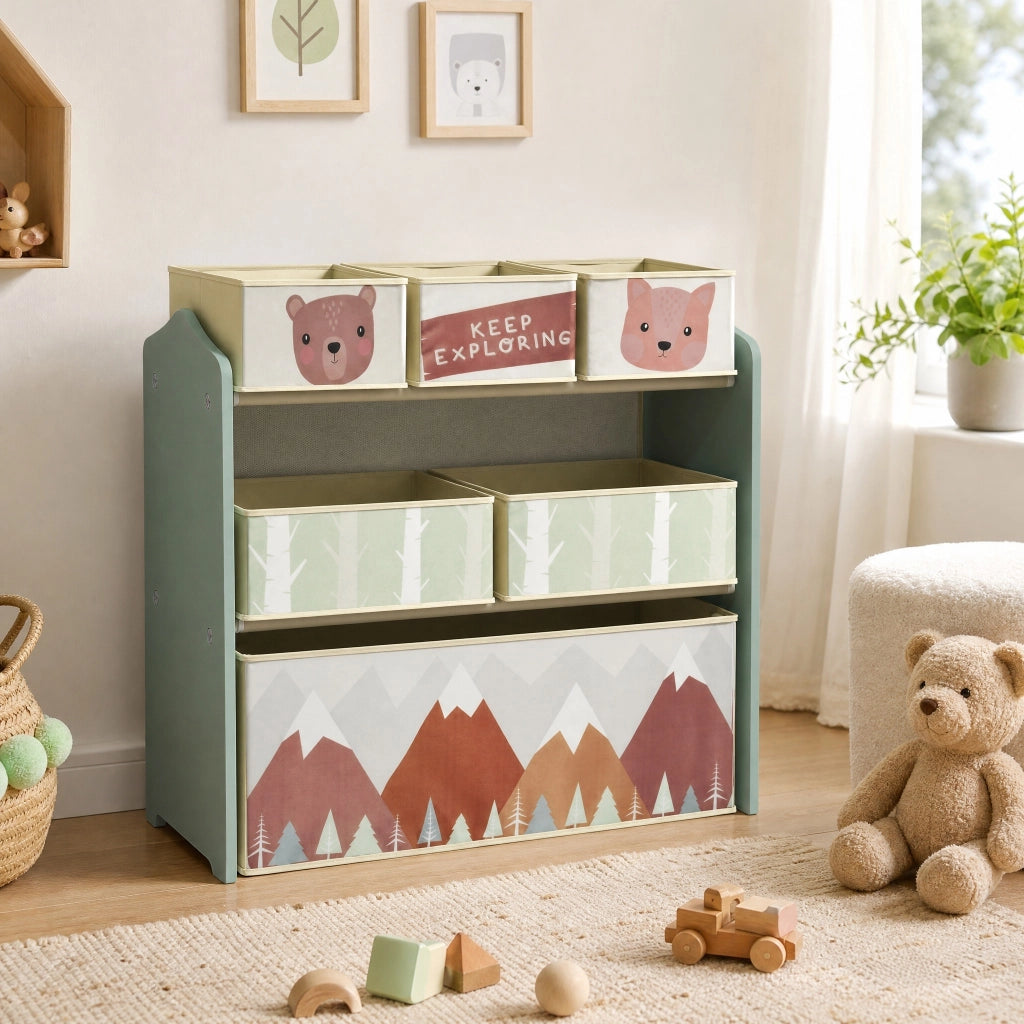 Libreria per bambini 63x30x66 cm con 3 scomparti piccoli; 2 medi e 1 grande in legno verde