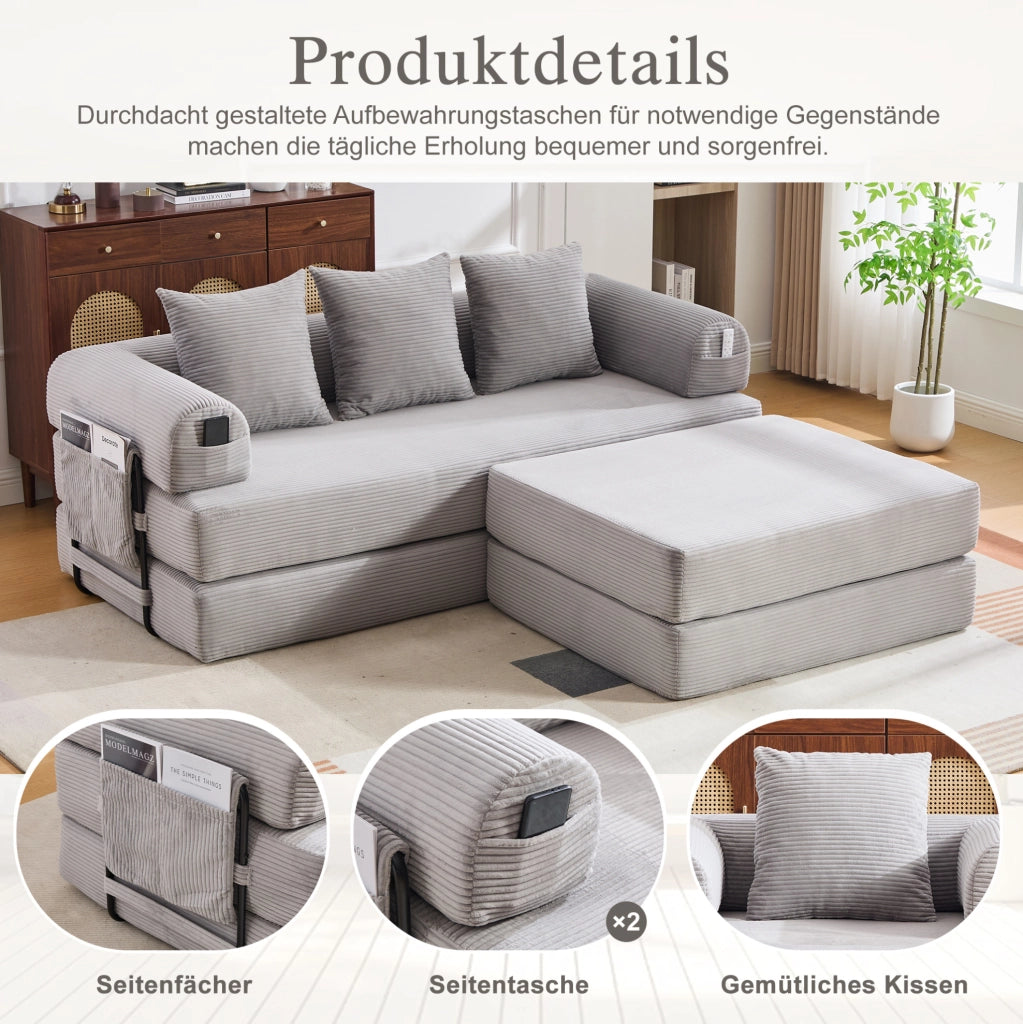 Sof脿 modulare in corduroy con pouf 200x190x67 cm; grigio chiaro