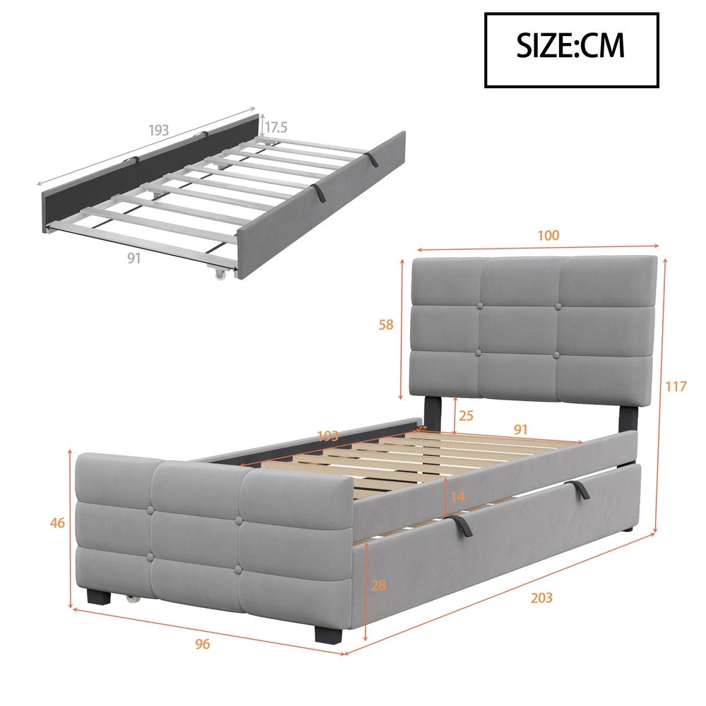 Letto Singolo Imbottito con Letto Estraibile ¨C Xylo ¨C Velluto Grigio, 90x190