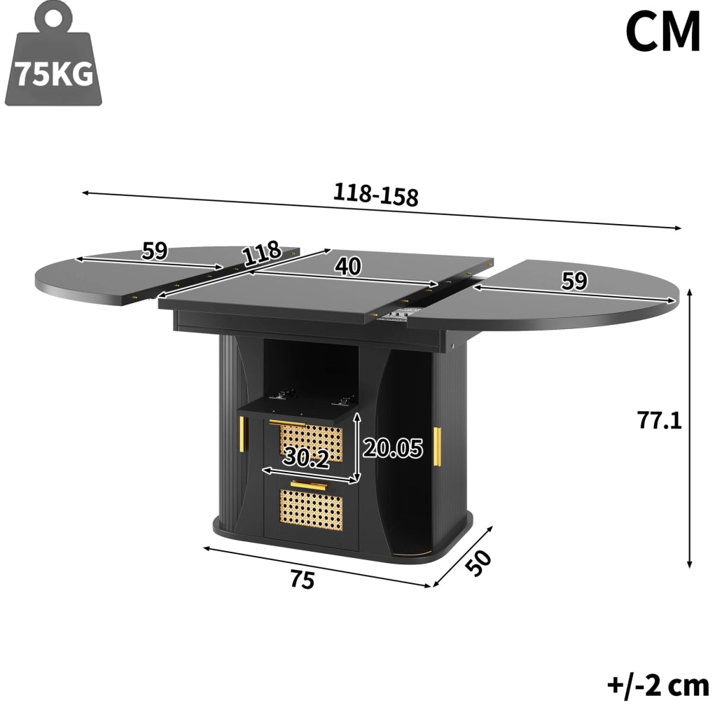 Tavolo da pranzo estensibile 118-158 cm con cassetti, nero