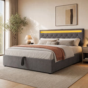 Letto imbottito 140x200 cm in lino con LED RGB; USB e ampio contenitore; grigio