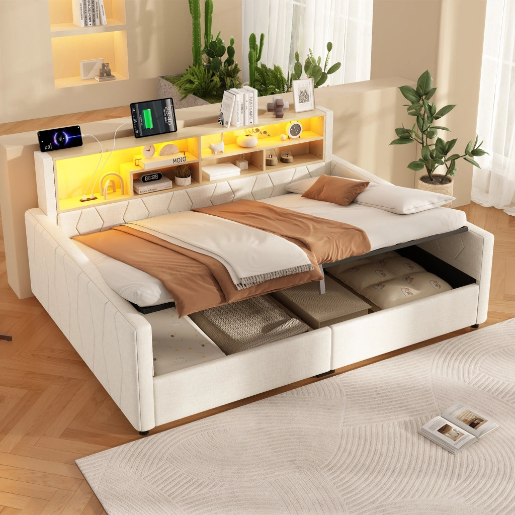 Letto contenitore 140x200 cm beige in lino e MDF con LED e prese USB