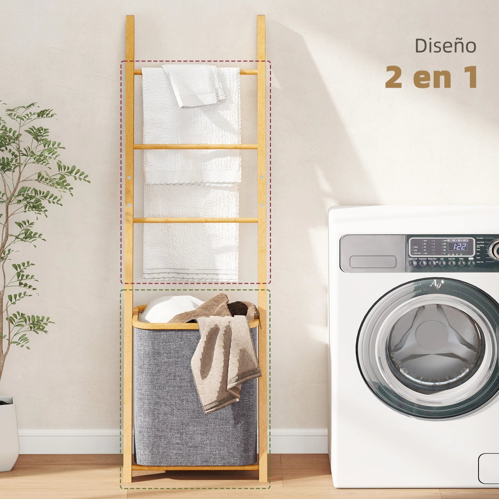 Portaasciugamani in Bamb¨´ con Cestino per Biancheria ¨C Minimal ¨C Grigio 48L
