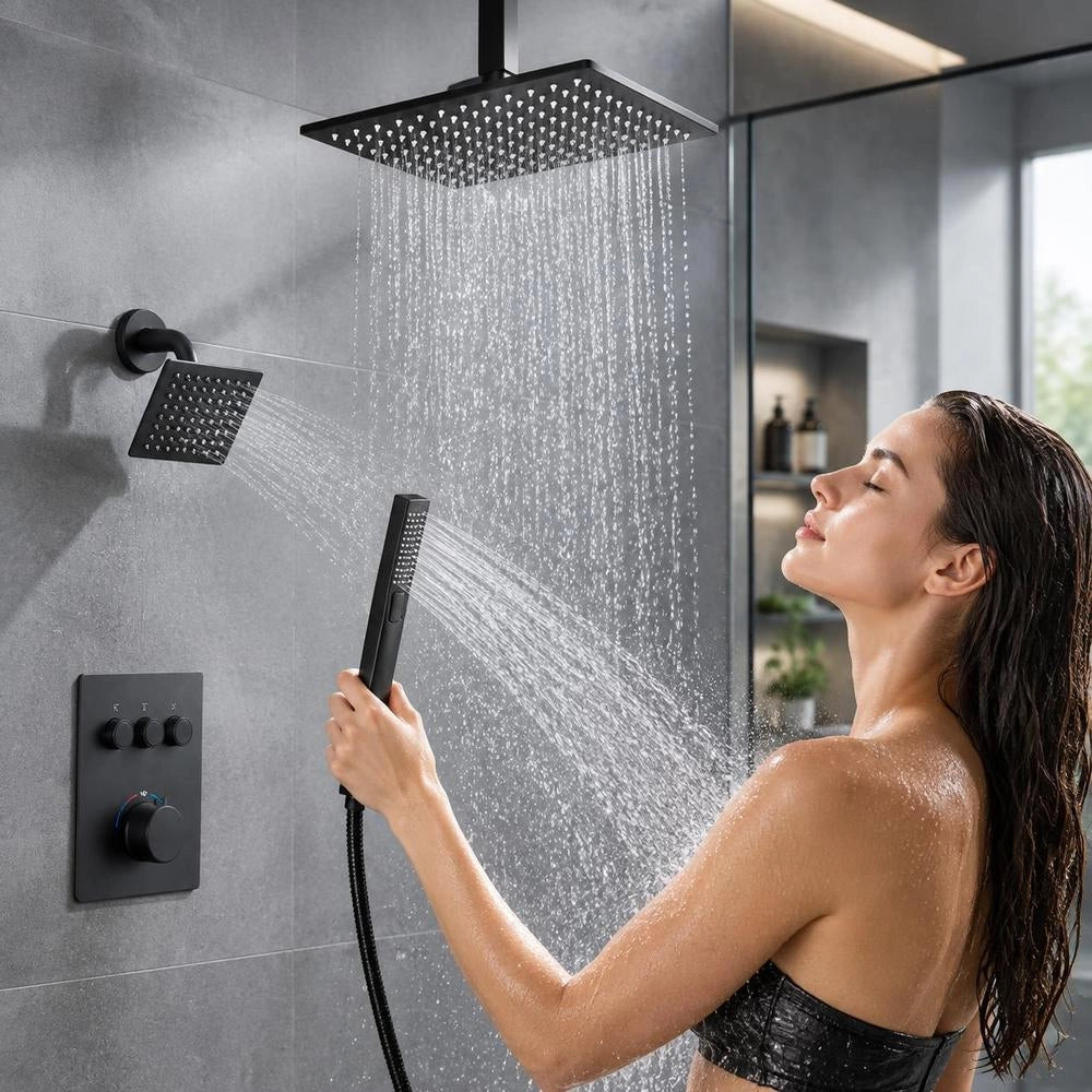 Shower System Set With 12-inch Rain Shower System / 6-inch Wall-mounted Head / 2-in-1 Hand Shower, Rotating Double Rain Head (3 Functions), Brass Valve Cover Set, Matte Black Thermostatic