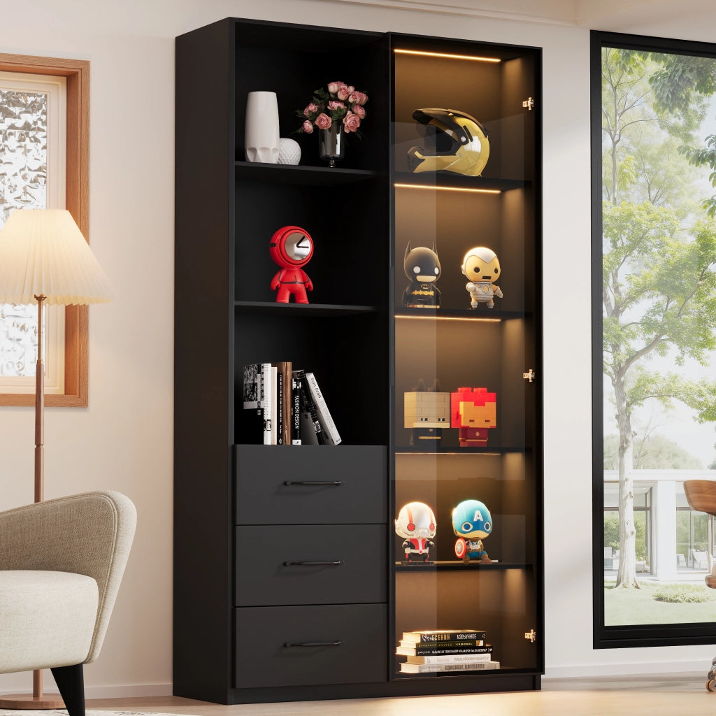 Libreria vetrina con LED e 3 cassetti, con 3 vani aperti e porta in vetro temperato, nero, 80 × 40 × 160 cm