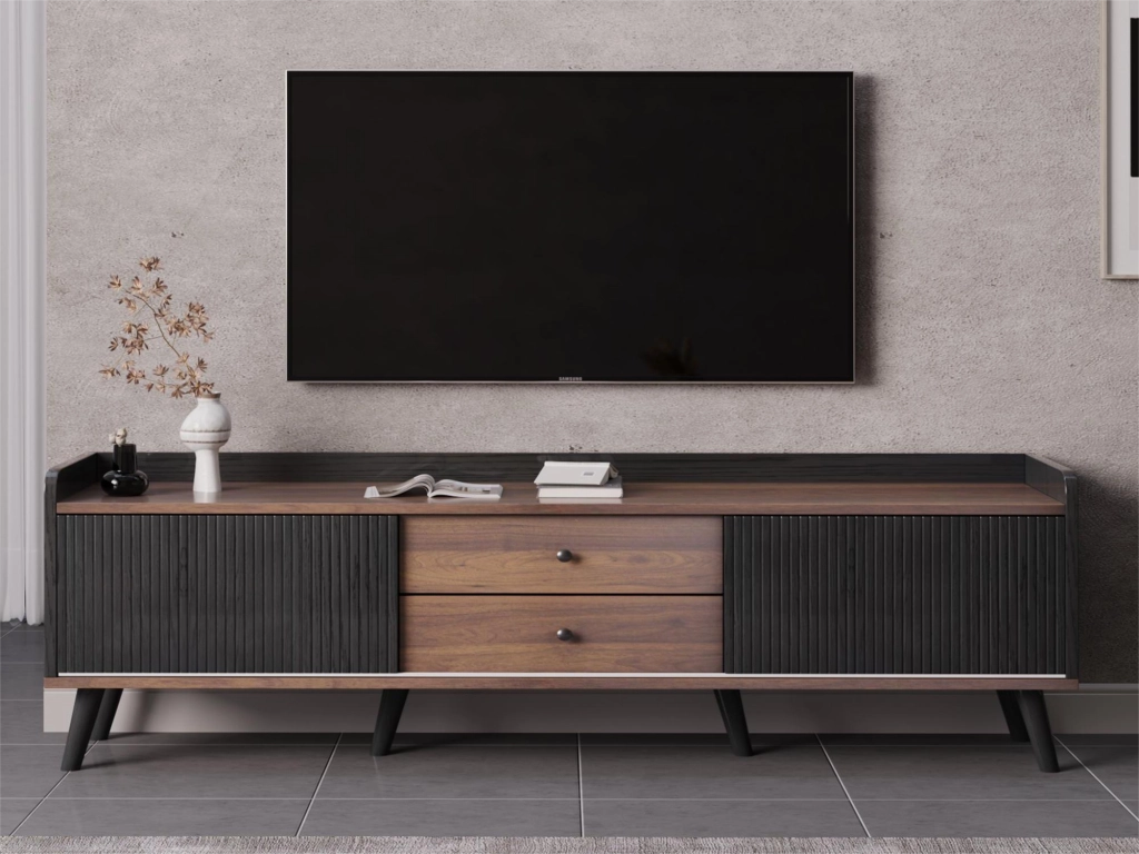 Mobile Porta TV 160 cm Nero e Legno con Ante Scorrevoli a Strisce e 2 Cassetti