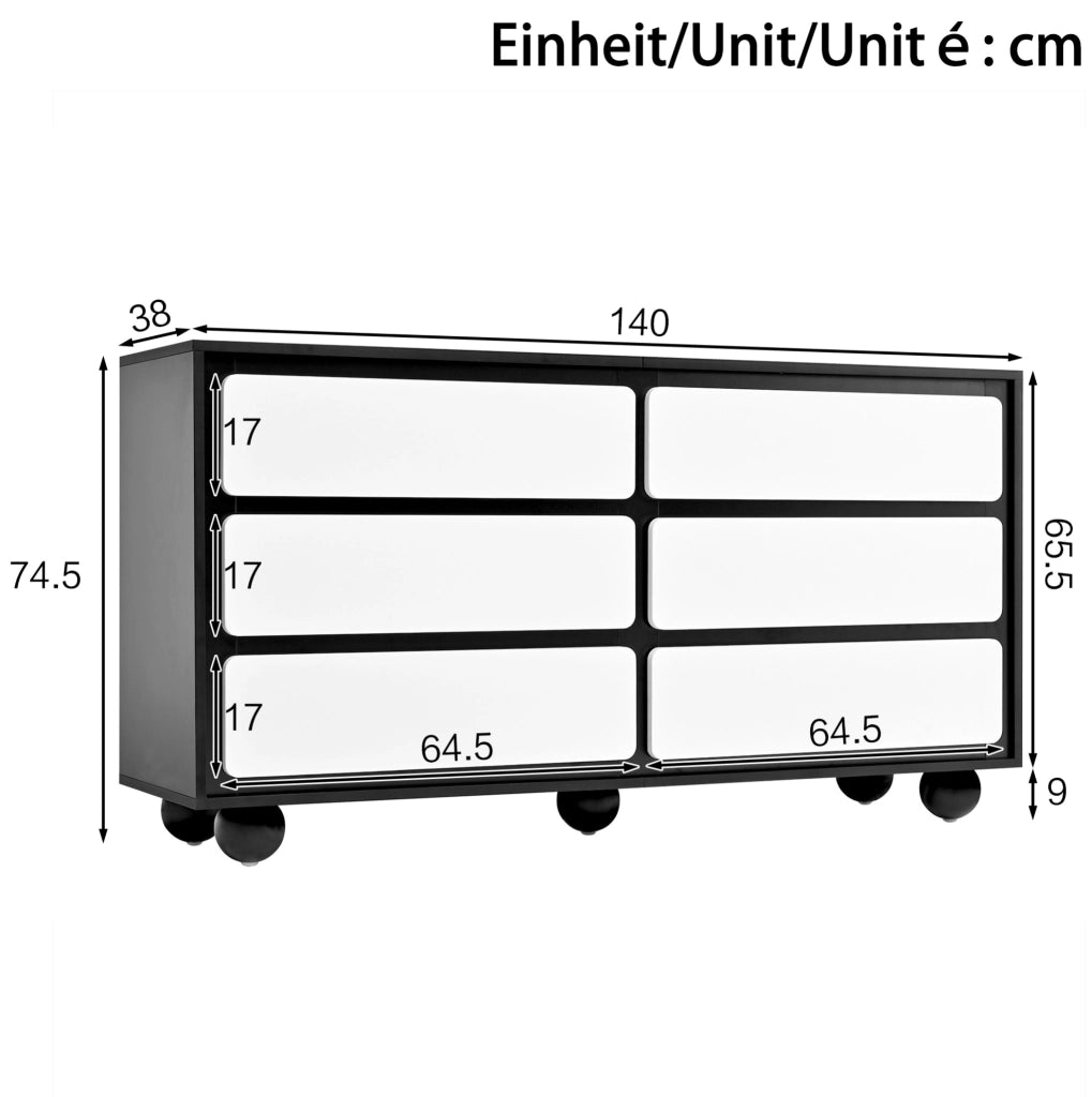 Madia moderna 140x38x74;5 cm in truciolare bianco e nero con sei cassetti