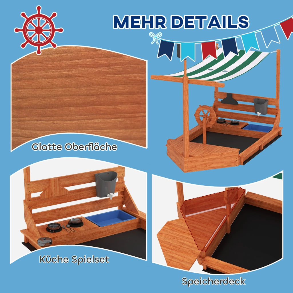 Sandbox Piratenschiff con Cucina Bambini ¨C Minimal ¨C Legno Massello, 180x103x144.5 cm, Verde