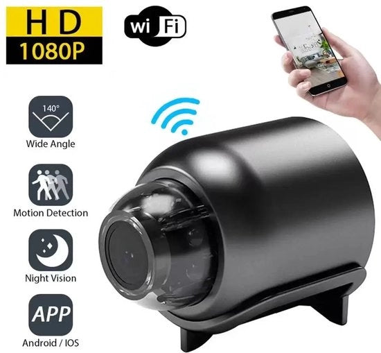 Mini camera - Risoluzione 1080p HD - Campo visivo 140 gradi - Compatibile con micro sd - Senza installazione - Connessione Wi-Fi - Registrazione audio - Nero -