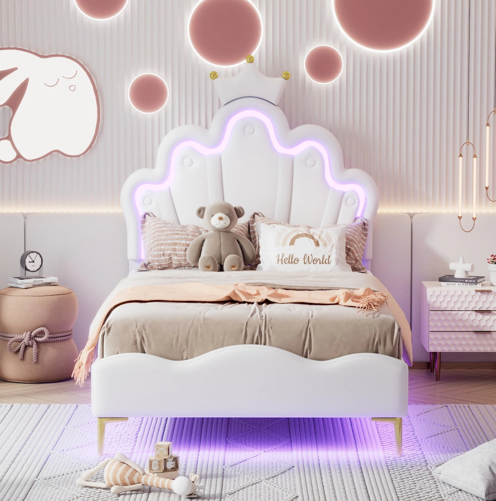 Letto imbottito con corona e luci LED, bianco, 90 x 200 cm