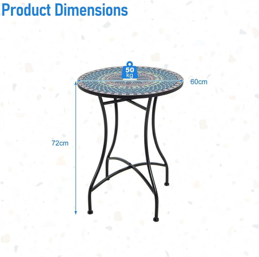Tavolino ausiliario con piano in mosaico di piastrelle in ceramica, tavolo da bistro con gambe curve in metallo, capacità 50 kg, tavolino rotondo da caffè per soggiorno, patio, terrazza