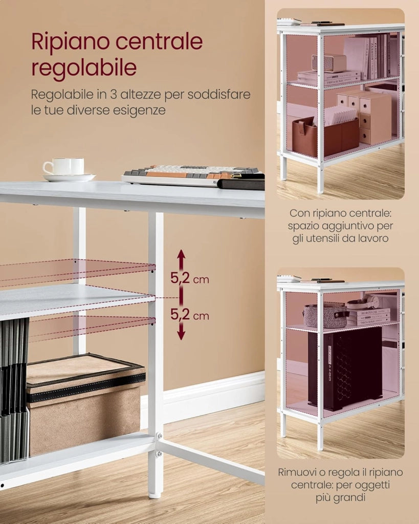 VASAGLE Scrivania per Computer a L, Scrivania ad Angolo con 2 Cassetti Spaziosi e Supporto per Monitor, Ripiano Regolabile, per Ufficio Studio, Bianco Acero LWD097W01