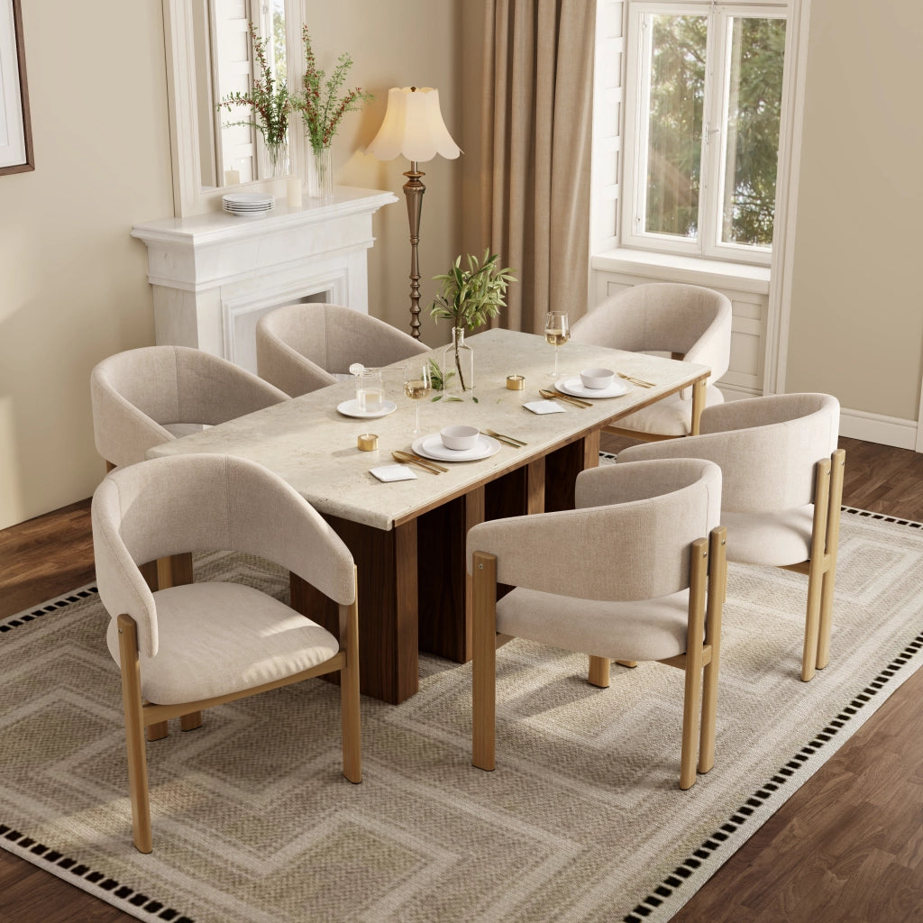 Sedie da pranzo 4 pezzi con braccioli ergonomici design moderno in lino beige effetto legno 61.5 × 52.5 × 83 cm