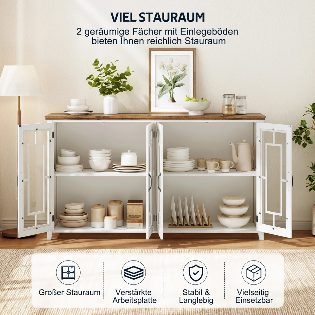 Credenza con 2 ante in vetro e 2 vani contenitore, piano effetto legno per cucina e soggiorno, bianca 160 × 40 × 86 cm