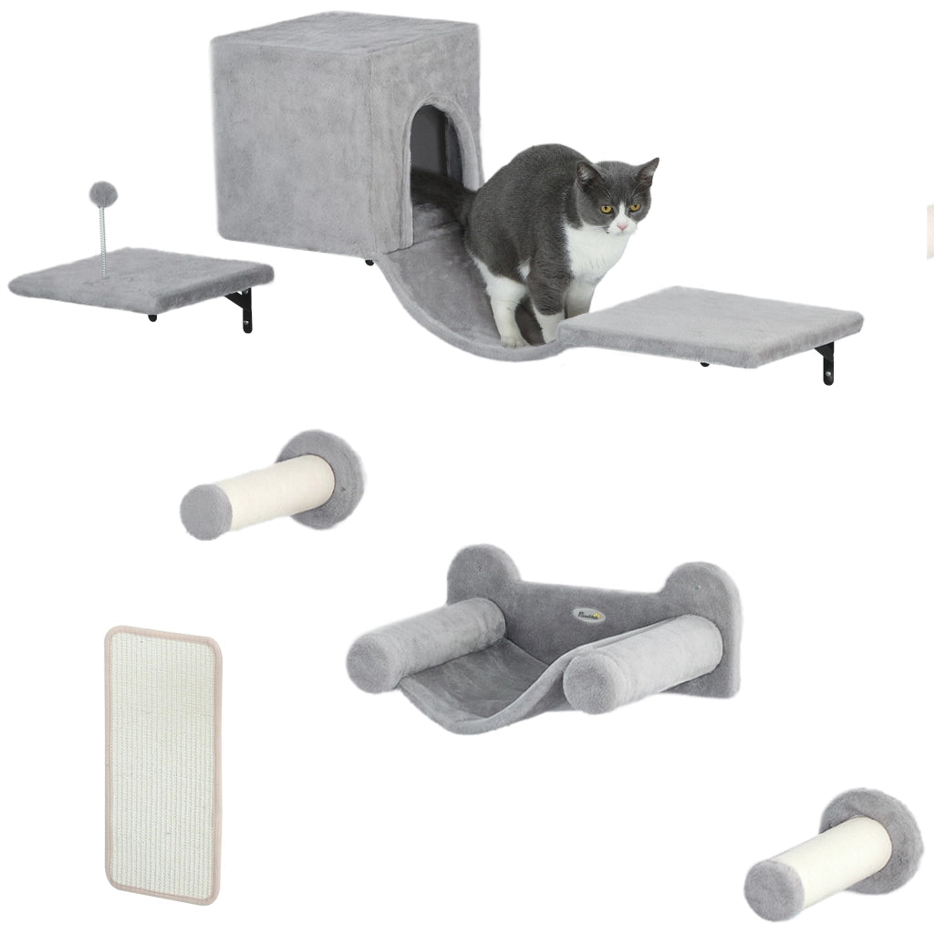 Gioco a Parete per Gatti con Condominio Piattaforma Amaca e Tiragraffi ¨C zephmum ¨C Grigio 6 Pezzi