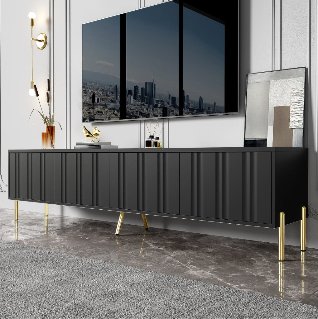 Mobile TV ULEVR 190x38x48 cm con 4 ante, 8 ripiani e gambe dorate, nero