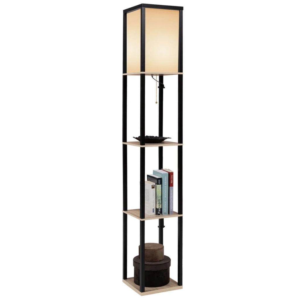 IDMarket - Lámpara de pie industrial de madera negra con estantes de madera clara y pantalla cuadrada blanca