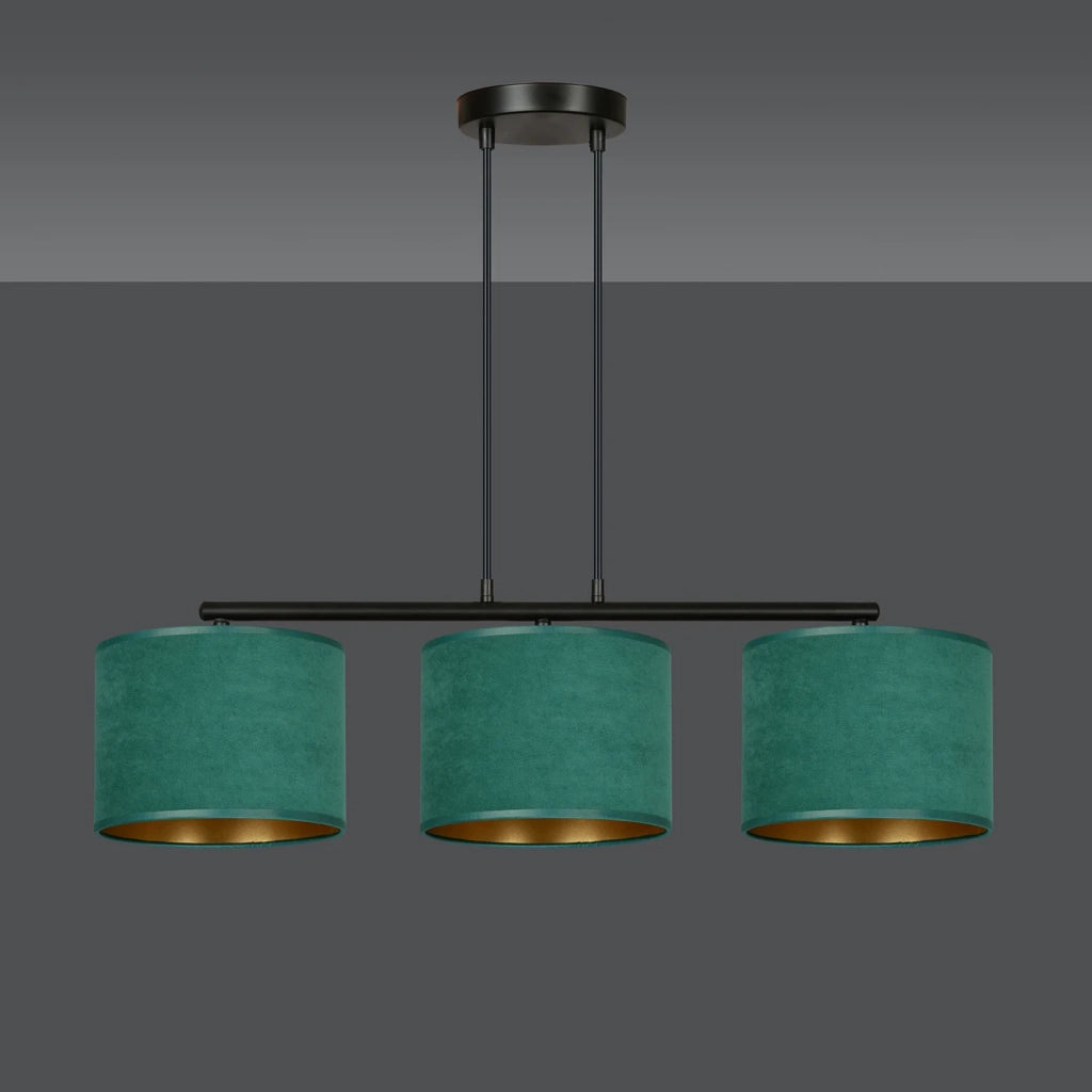Lampadario 3 Luci Ganesha In Acciaio Nero E Paralumi In Tessuto Verde