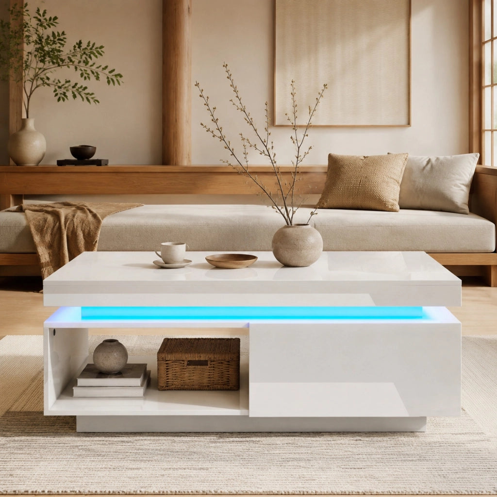TAVOLINO DA CAFFÈ LED 100x50x40,3 cm Bianco Pannello di legno con cassetto