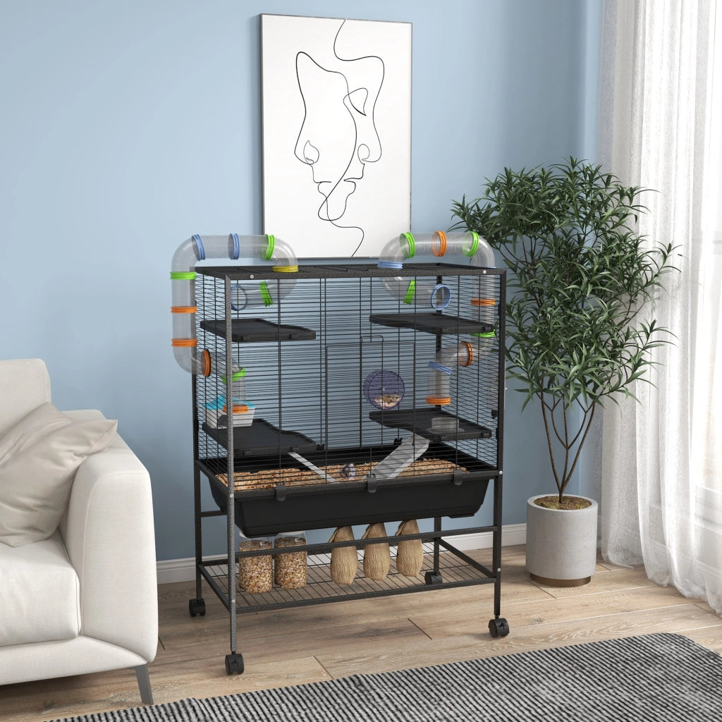 Gabbia per Criceti con Tubi, Ruota e Casetta ¨C zephmum ¨C 109x82x46 cm Nero