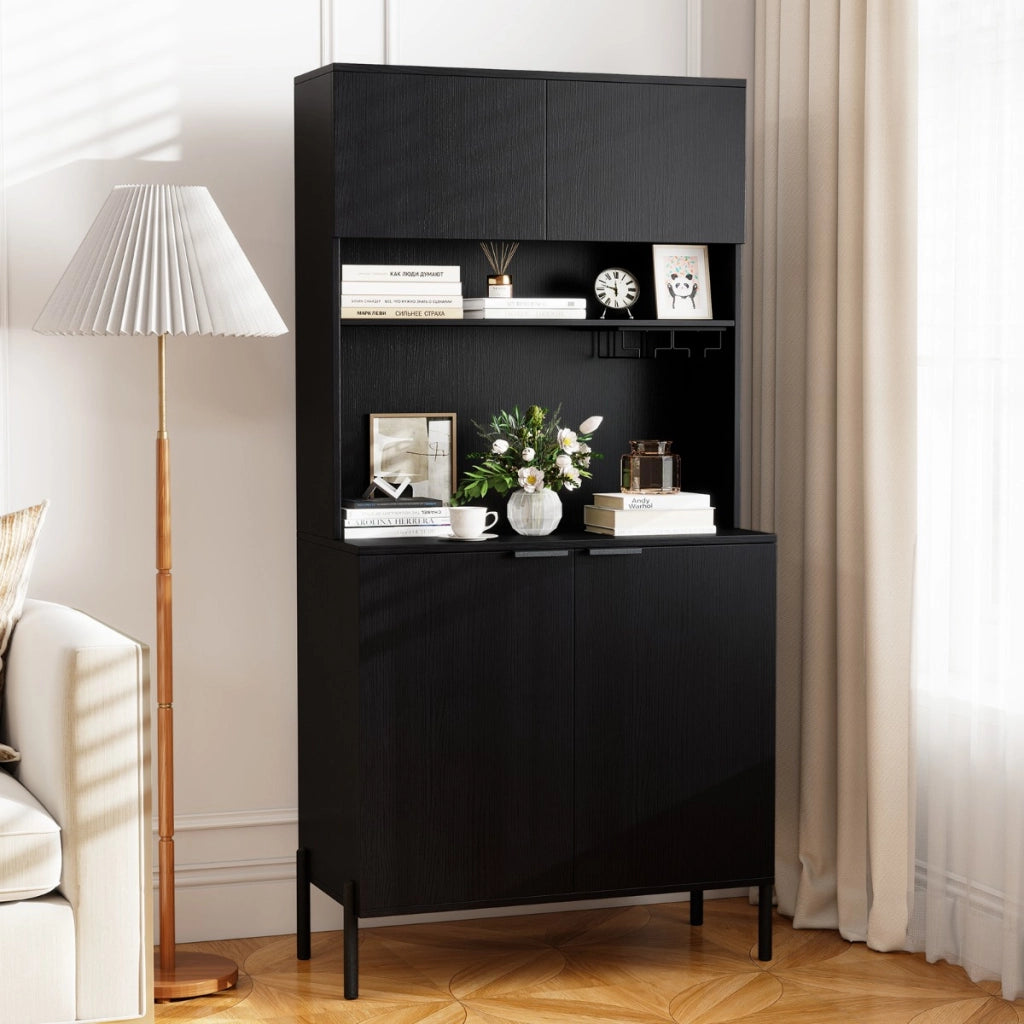 Mobile dispensa da cucina con stazione di ricarica mobile bar vini con porta bicchieri, Mobile armadietto per sala da pranzo Nero-Credenze buffet