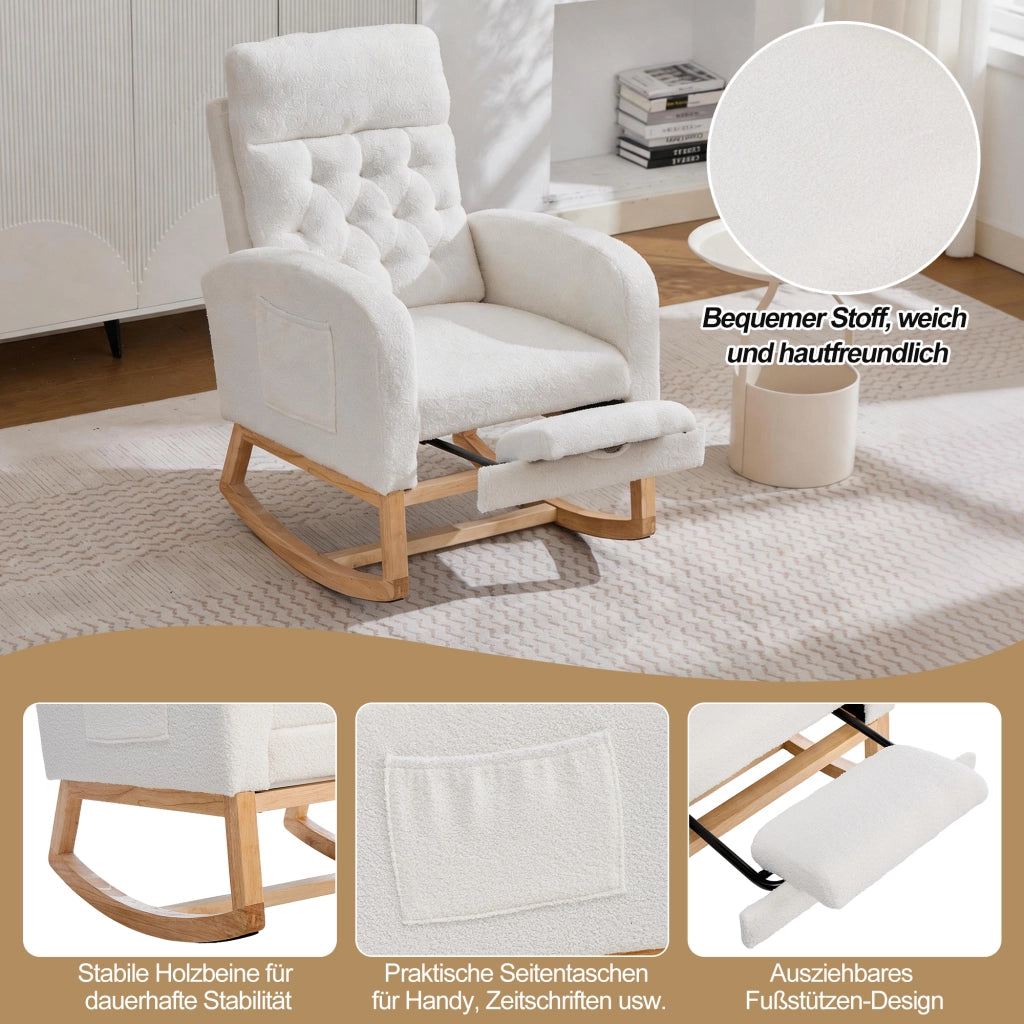 Sedia a dondolo in bouclé con poggiapiedi estraibile e tasche laterali in legno bianco 65,6 × 123 × 102 cm