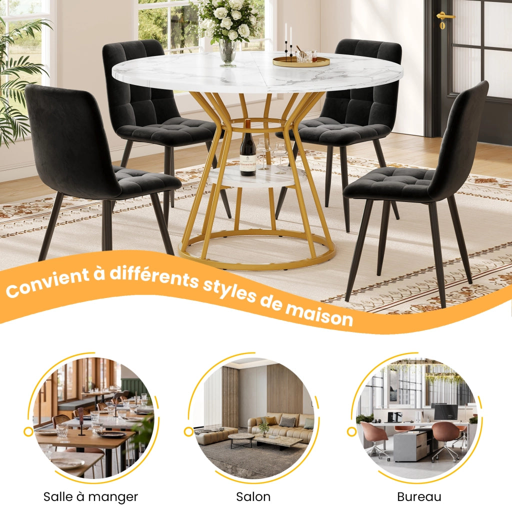Tavolo da pranzo rotondo con piano in MDF effetto marmo e ripiano centrale per cucina soggiorno oro diametro 100 cm