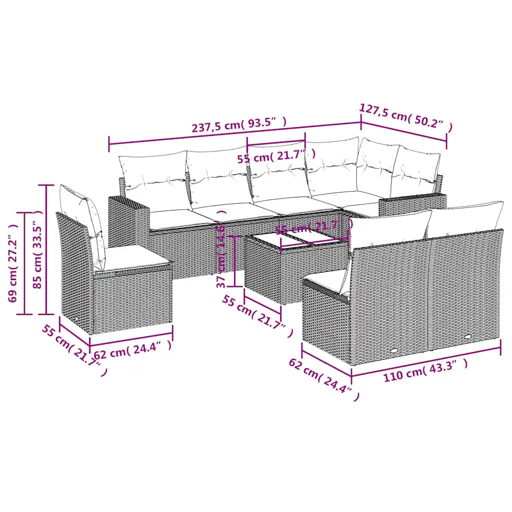 vidaXL Set Divani da Giardino 9pz con Cuscini Marrone in Polyrattan