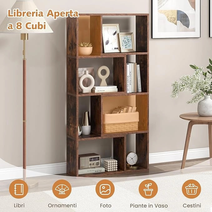 Libreria Geometrica a 4 Ripiani, Organizzatore Moderno con 8 Cubi, Mensola Espositiva a Pavimento, Mobile di Stoccaggio in Legno per Soggiorno Camera da Letto Studio, 60x20x120 cm (Marrone)