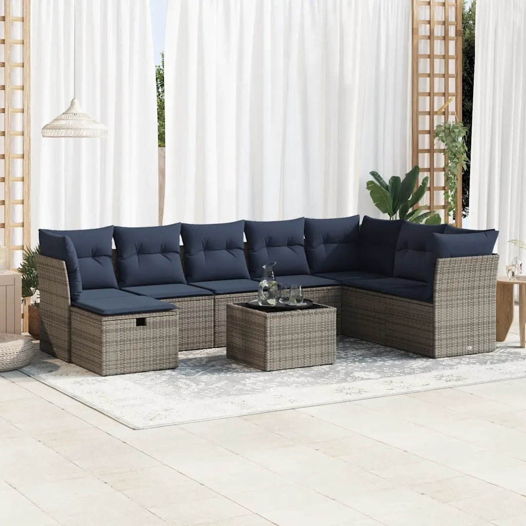 Set Divano da Giardino 9 pz con Cuscini Grigio in Polyrattan