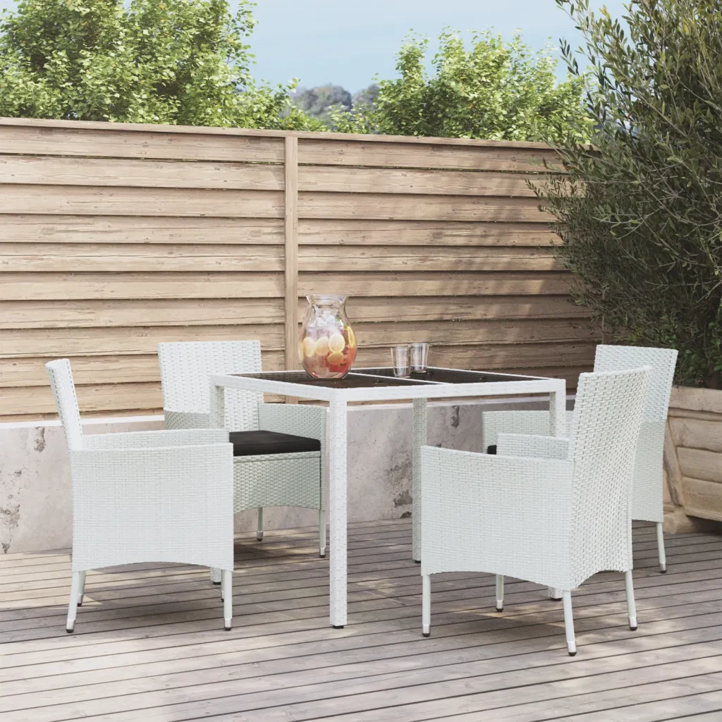 Set da Pranzo da Giardino 5 pz con Cuscini in Polyrattan Bianco