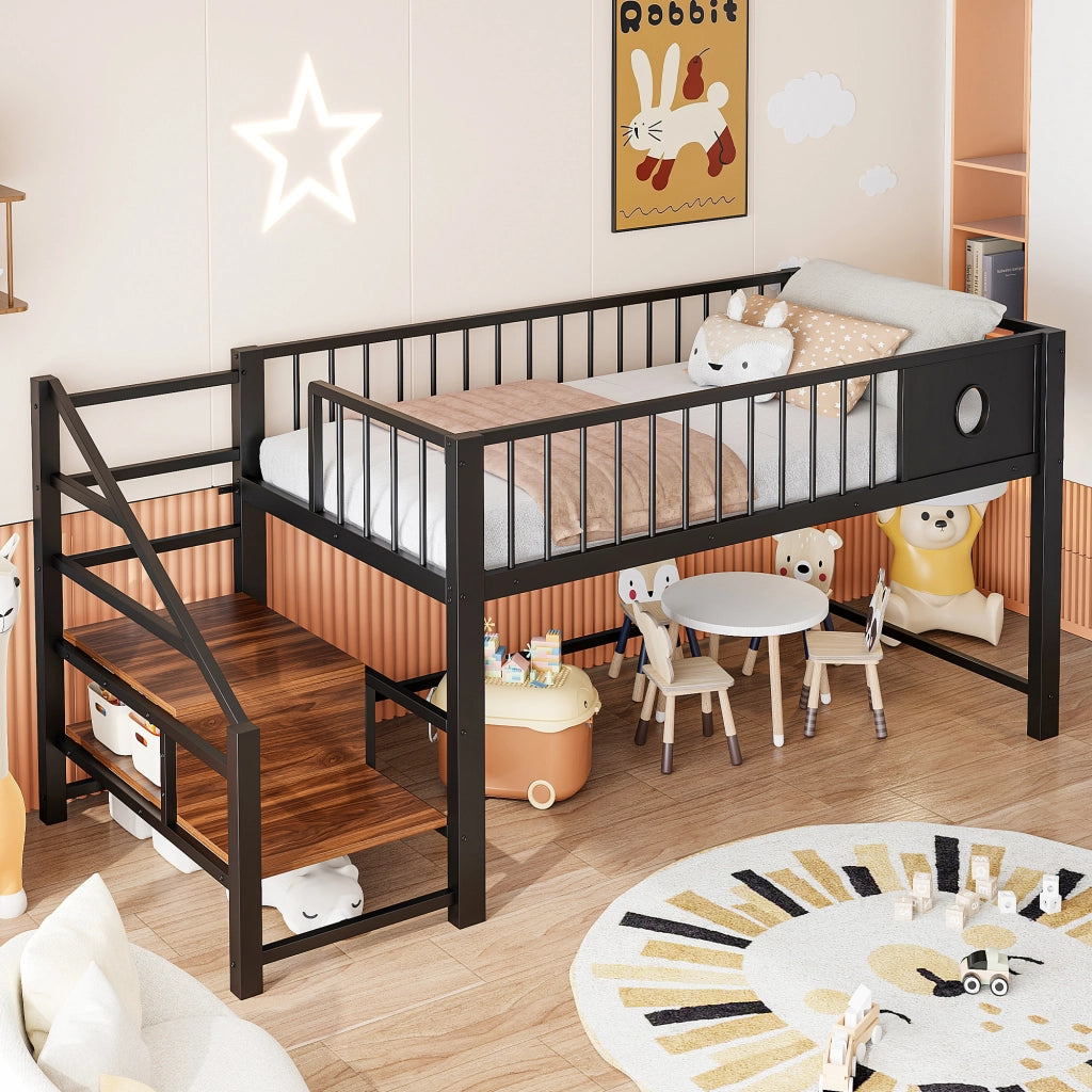 Letto a soppalco basso per bambini 90 × 200 cm con scala contenitore, struttura in metallo, senza materasso, nero