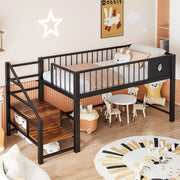 Letto a soppalco basso per bambini 90 × 200 cm con scala contenitore, struttura in metallo, senza materasso, nero
