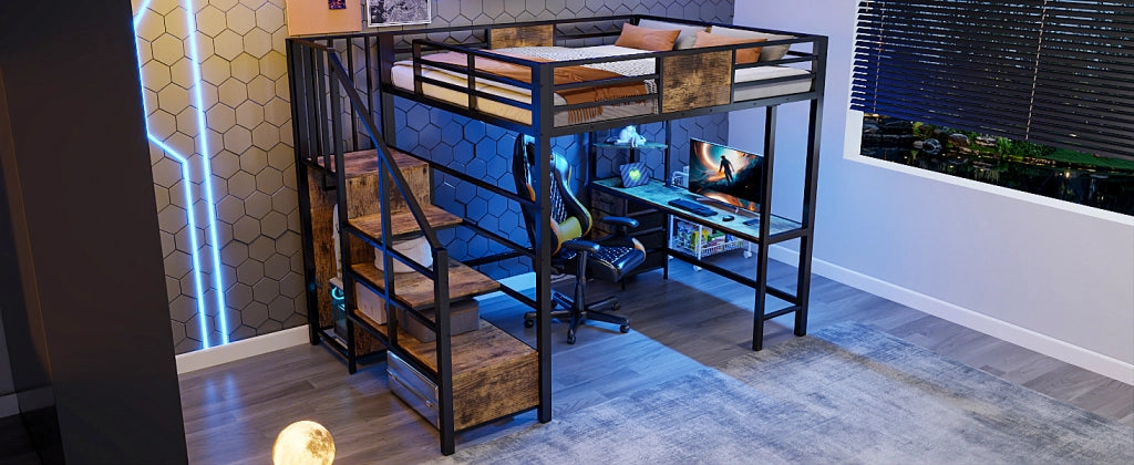 DESMIU Letto a soppalco 140 × 200 cm 2 posti con scrivania, ripiani, barra appendiabiti, LED e presa, senza materasso, metallo, nero