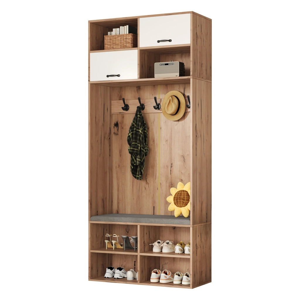 Mobile da ingresso con 5 ganci, 2 ante, 4 vani aperti e LED, in truciolare, bianco naturale, 80 × 35 × 185 cm