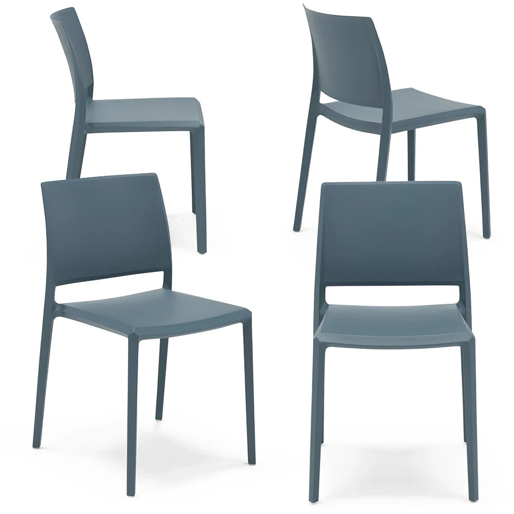 Set 4 sedie in polipropilene MEGAN, impilabile, resistente ai raggi UV, design moderno, ideale per sala da pranzo, cucina, sala d’attesa, bar, ristoranti o giardino, colore Avio