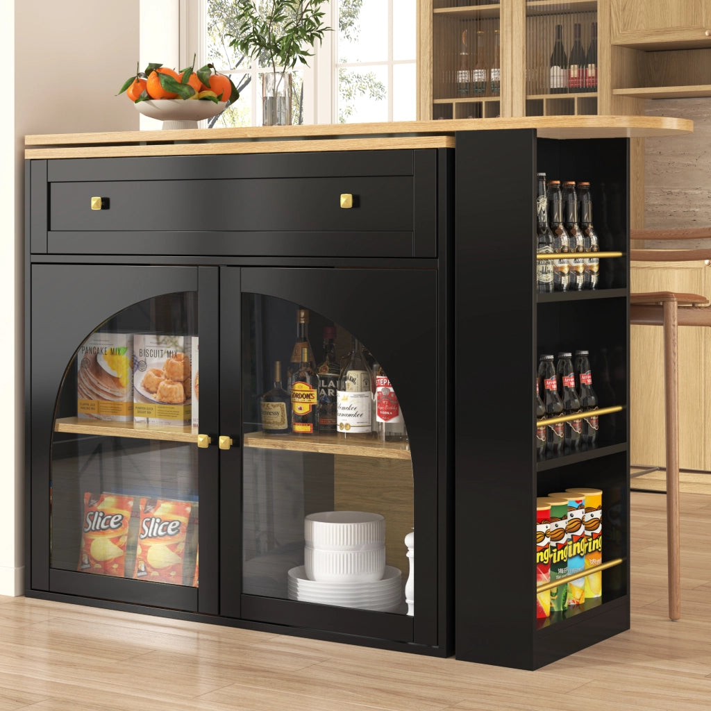 Tavolo da pranzo allungabile con scaffale laterale a 3 ripiani e ante in vetro girevole per cucina 138-204x39x104 cm