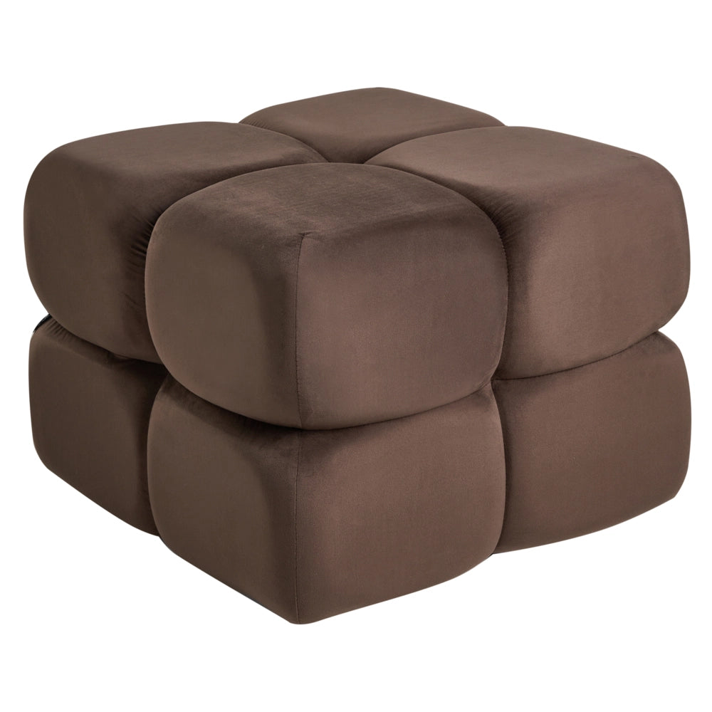 Pouf quadrato in tessuto vellutato marrone scuro elemento d'arredo moderno per salotto o camera da letto