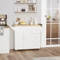 Isola da Cucina con Piano di Lavoro Ribaltabile, 3 Cassetti, 1 Armadio, Porta Strofinacci e Porta Spezie, 111,5 x 75 x 89 cm, Bianco