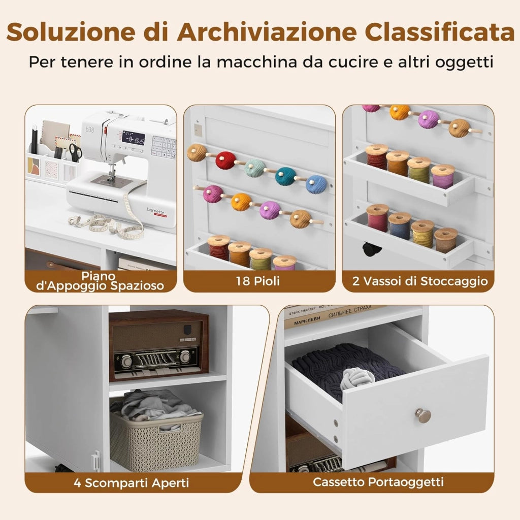 Tavolo per Macchina da Cucire Pieghevole, Tavolo per Cucito con Ripiani per Stoccaggio, Vassoi, Cassetto, Ganci e 6 Ruote Bloccabili, Bianco