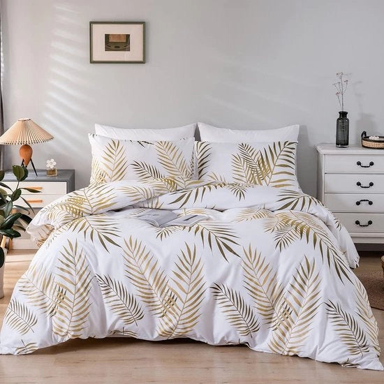 Set di coperte da letto con disegno foglia in oro e bianco - Microfibra di lusso per comfort e stile