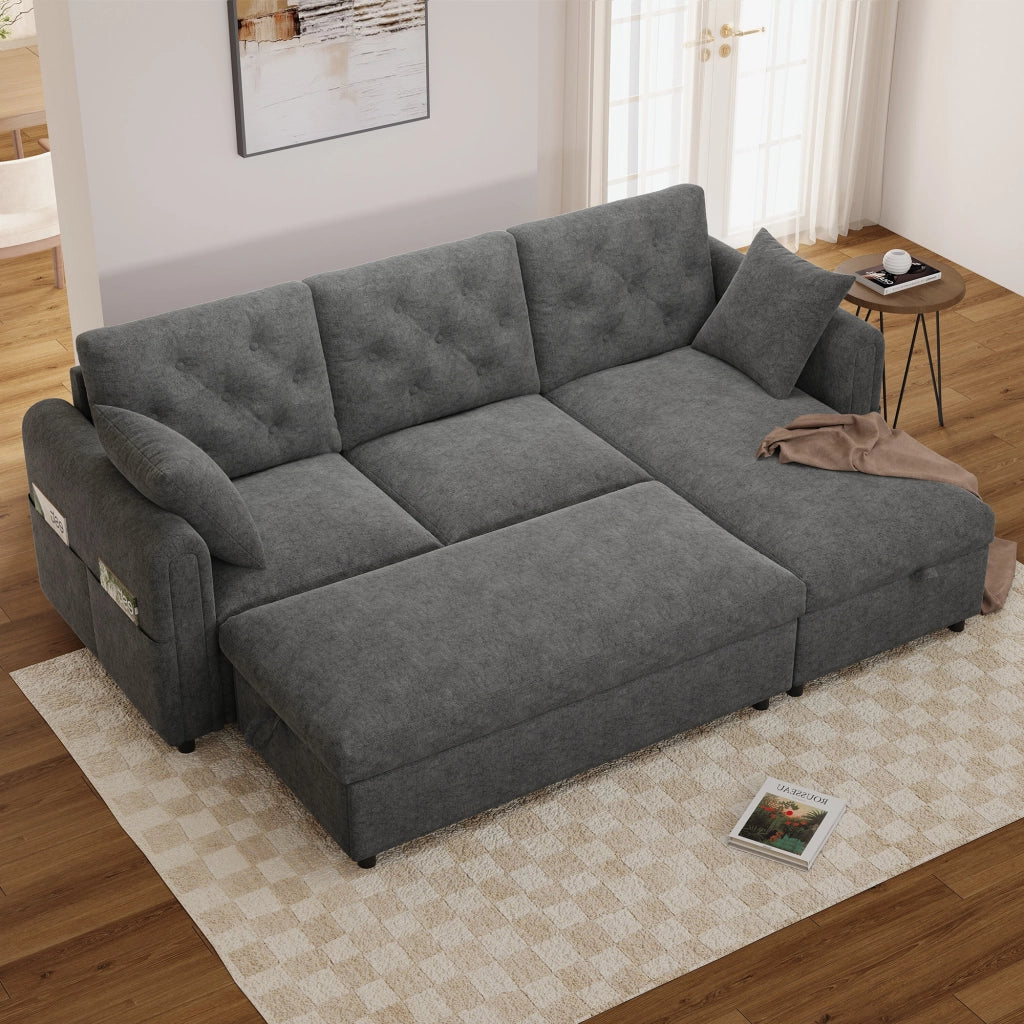 Divano in velluto grigio con chaise longue e pouf contenitore, seduta con molle insacchettate, 219 x 131 x 86 cm