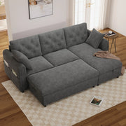 Divano in velluto grigio con chaise longue e pouf contenitore, seduta con molle insacchettate, 219 x 131 x 86 cm