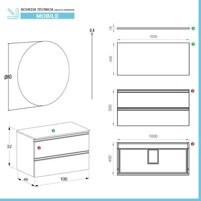 Mobile bagno sospeso 100 cm rovere miele con top e specchio tondo Master