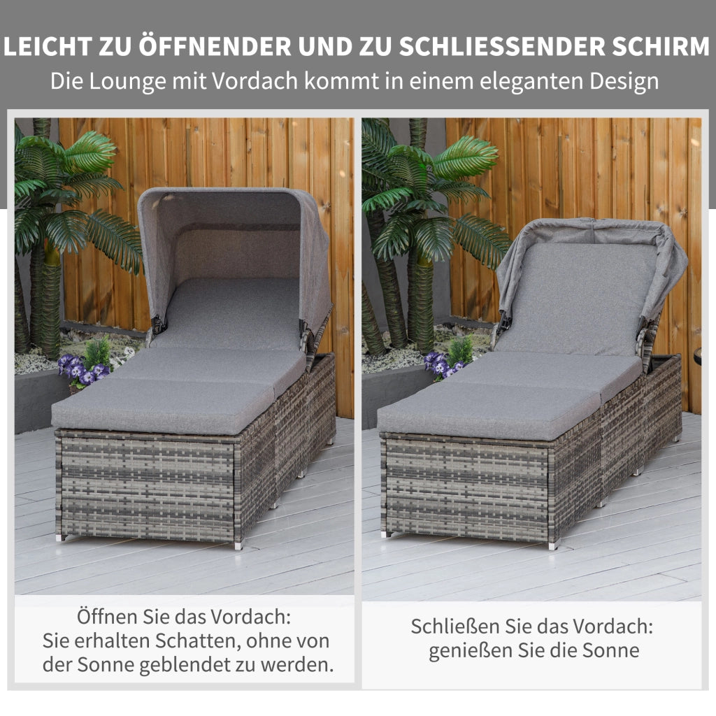 Lettino da giardino in polyrattan con cuscini e tettoia regolabile ¨C Zephmum ¨C Grigio 195x65x40 cm